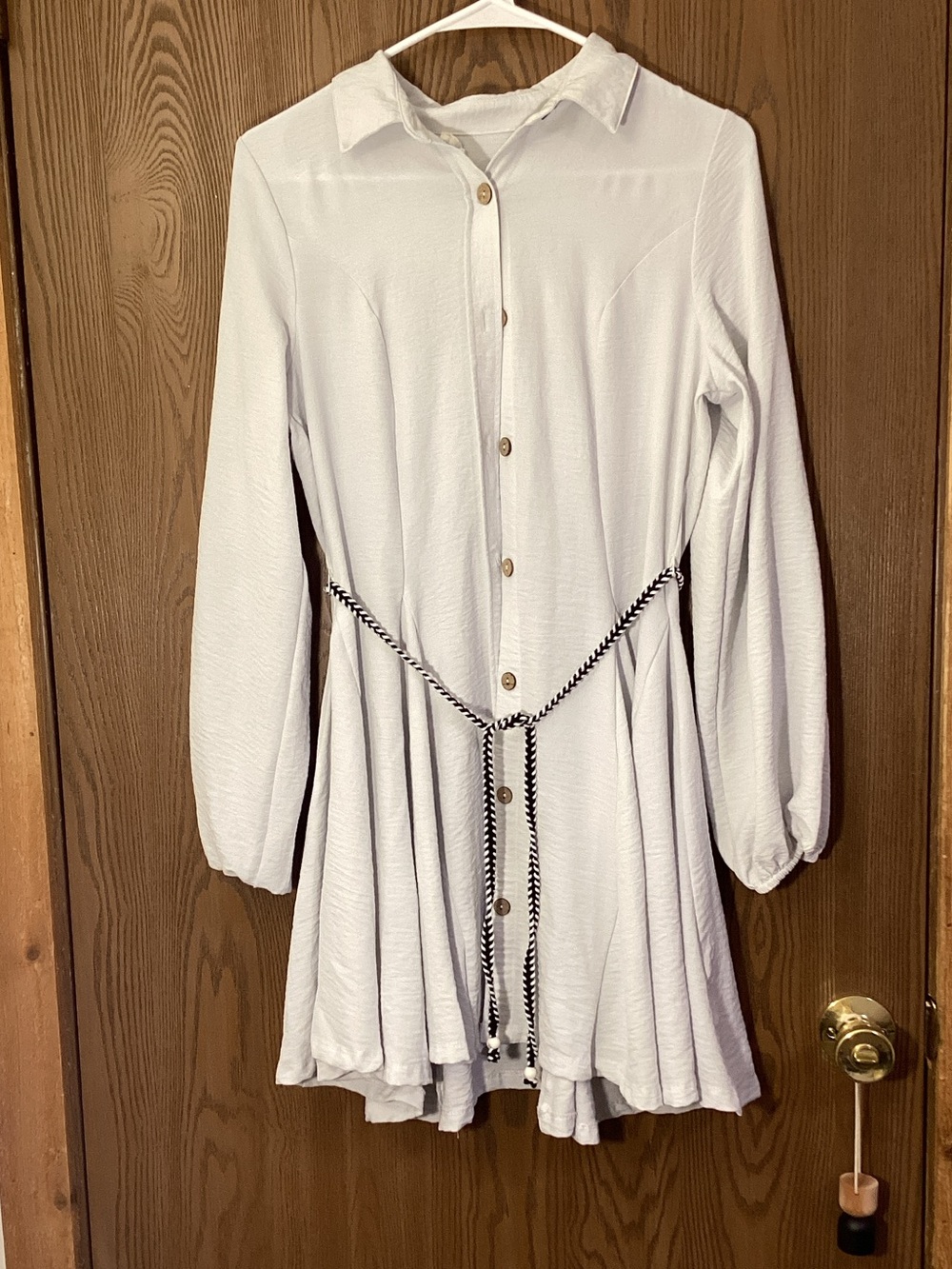 Long-Sleeve White Button-Front Shirt Dress with Braided Waist Tie